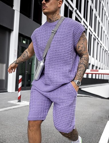  Hombre Conjunto de pantalones cortos y camiseta Juego de camiseta Sin Mangas Cuello redondo Color sólido Prendas de punto De Punto Vacaciones Morado Beige Camiseta superior para hombre