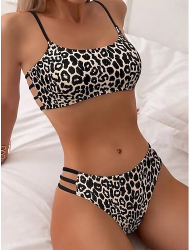  Dames Zwemkleding Bikini 2 stuks Brutaal Zwempak Blote rug Slank Vakantie Strand Kleding Luipaard Strapless Mouwloos Badpakken