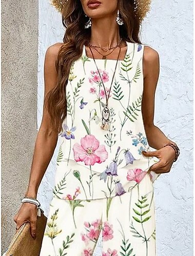  Kvinders 2-delte mode tank top bukser sæt uden ærmer firkantet hals blomster blade lagdelt print casual daglig hvid sommer regular fit