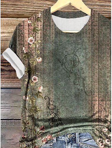  Damen T Shirt Rose Blumen Graphic Elegant Vintage Modisch Kurzarm Rundhalsausschnitt Normale Oberteile Täglich Ausgehen Wochenende Bedruckt Salbeigrün Sommer