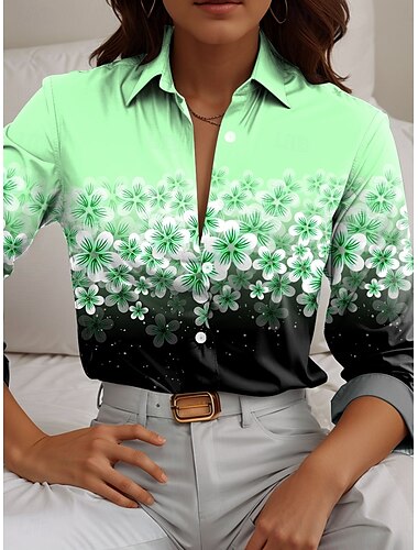  Damen Hemd Blumen Lässig Langarm Hemdkragen Normale Oberteile Arbeit Täglich Knöpfe Druck Rosa Blau Grün Frühling Herbst Winter