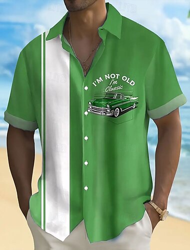  Herren Gestreift Mit Buchstaben bedruckt Bowling-Shirt Knopfhemd Kurzarm Modisch lässig Urlaub Sports Outdoor Strandbekleidung Sommer Frühling Umlegekragen Hemden mit Kragen Eine Tasche vorne Blau