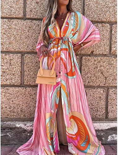  Damen Maxidress Wickelkleid Sommerkleid A Linie Kleid Figurbetontes Kleid Urlaub Urlaub Täglich Regular Fit Blumen Langarm V Ausschnitt Rosa Orange Grün Dunkelblau Sommer