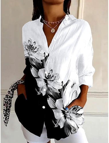  Chemise pour femmes graphique floral stylée rétro vintage manches 3/4 col de chemise hauts réguliers quotidien vacances sortant boutons noir été printemps