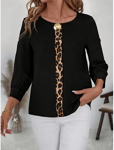  Mulheres Camiseta Leopardo Moda Moderno Casual Manga Longa Gola Redonda Tops regulares Diário Final de semana Imprimir Preto Verão