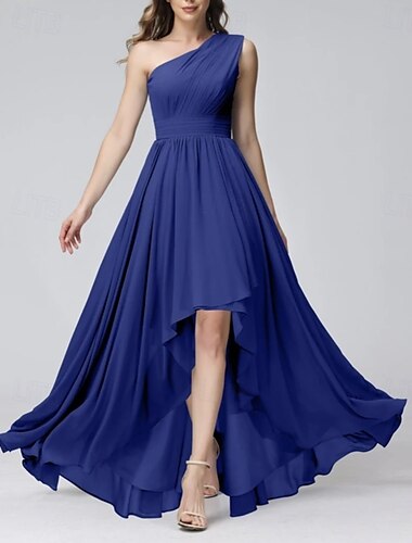  A-Linie Brautjungfernkleid Ein-Schulter Ärmellos Elegant Asymmetrisch Chiffon mit Falten / Raffung 2022