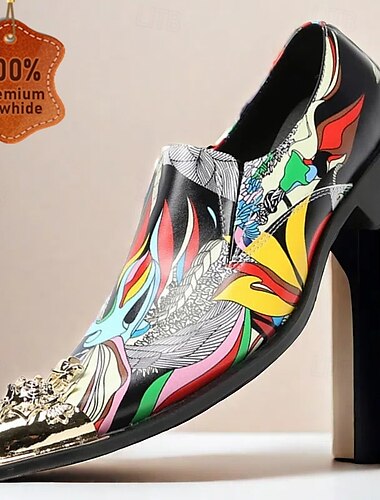  Mocassins en cuir de vachette de qualité supérieure pour hommes avec imprimé artistique vibrant et détail de tête de lion en or métallisé - chaussures à enfiler à la mode pour les occasions spéciales et les tenues de déclaration