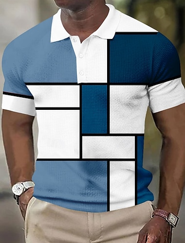  Herr Färgblock Våffelpikétröjor Kortärmad Polotröjor Skjortor med krage Business Casual Skola Utomhus Vardag Företag Knappar 3D-utskrift Sommar Rubinrött Blå Orange