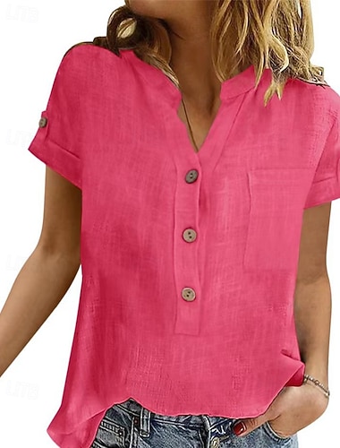  Women's Shirt Linen Shirt Cotton Linen Shirts Plain Daily Stylish Basic Short Sleeve Shirt Collar Regular Tops Work Daily Holiday Buttons Pink Blue Rose Pink Summer
