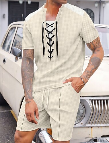  Homme Ensembles T-shirt Tenues 2 pièces Ensemble Short Manche Courte Col Rond Été Bloc de Couleur Mode Occasionnel Cordon de serrage 2 pièces Vacances Tenue quotidienne Sortir Noir Blanche Vin