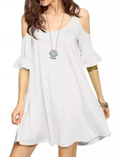  Damen Mini Kleid Sommerkleid A-Linie Kleid Rüsch Kleid Off-Shoulder Kleid Urlaub Lässig Urlaub Daily Regular Fit Unifarben Kurzarm Rundhals Schwarz Weiß Weinrot Sommer