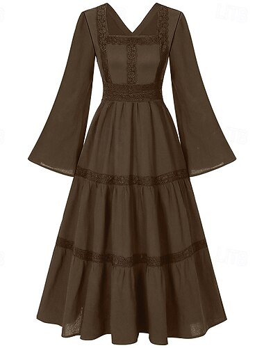  Elegant Medeltida kostymer Renässans Cocktailklänning Viking Alven Ensfärgat Maskeradkläder Dam Keltiskt Pirat fantasi Halloween Karnival Maskerad Karnival Halloween Maskerad Vuxna Klänning