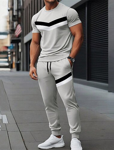  Hombre Conjunto de entrenamiento Tracksuit Camiseta y pantalones Conjunto Conjunto de atuendo Cuello Barco Exterior Diario Deportes Bolsillo Correa 2 Piezas Bloque de color Negro Gris Ligero Poliéster