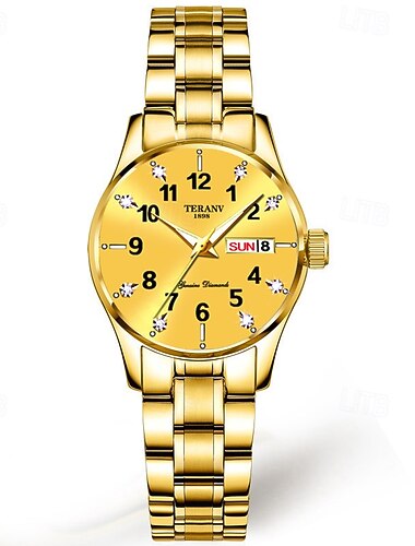  neue Damen-Modeuhr mit rundem Zifferblatt und Strasssteinen, wasserdicht, leuchtend, Kalenderwochenanzeige, Legierungsarmband, Multifunktions-Business-Quarzuhr, geeignet für Reisen und Freizeit,