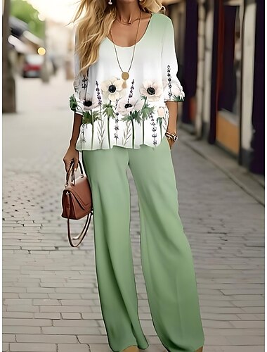  Ensemble Femme 2 Pièces Basique Néon  Brillant Chemise Blouse 3/4 Longueur Manches Col en V Ombre Imprimé Floral Casual Lin Comme Blanc Bleu Marine Bleu Été Ajustement Régulier