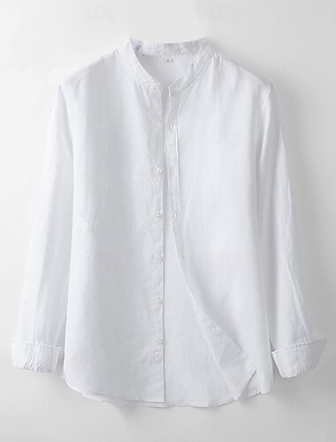  Herren Hemd Leinenhemd Weiß Hellgrau Leicht Blau Langarm Einfarbig Stehkragen Schule Formell Knöpfe Bekleidung Elegant Urlaub Vintage Neutral