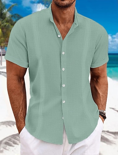  Voor heren Overhemd linnen overhemd Guayabera-shirt Overhemd met bandkraag Zomer overhemd Strand Kleding Effen Vakantie Curise Zwart Wit blauw Groen Korte mouw Kraag Zomer Kleding