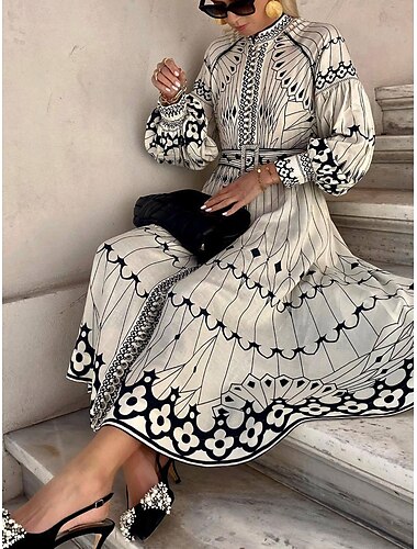  Damen Midikleid Corsagenkleider A Linie Kleid Kleid mit Puffärmeln Urlaub Halbformelle Kleider Formal Urlaub Arbeit Regular Fit Graphic Kurzarm Stehkragen Weiß Sommer