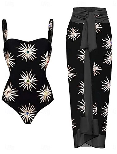  Damen Badeanzug 2 Stück Monokini Rock Bademode Rückenfrei Bauchkontrolle Hohe Taillenlinie Schlank Urlaub Strandbekleidung Blumen V Ausschnitt Ärmellos Badeanzüge