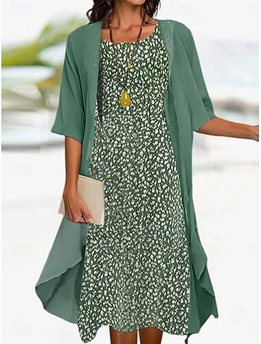  Robe de graduation pour femmes Robe Midi Robe en chiffon Robe droite Élégante Quotidienne Coupe ample Florale À manches mi-longues Col rond Vert Été Printemps Automne