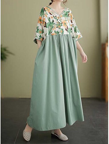  Damen Maxikleid Baumwoll-Leinen-Kleider Freizeitkleid Basic Lässig Urlaub Täglich Normale Passform Blumen Langarm V Ausschnitt Hellgrün Sommer