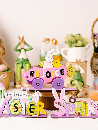  Conjunto de 3 enfeites de Páscoa em tecido não tecido, incluindo cestas, figuras de coelhinhos da Páscoa e letras de madeira roxas. Perfeitos para decoração de casa na primavera e nas festas de fim de