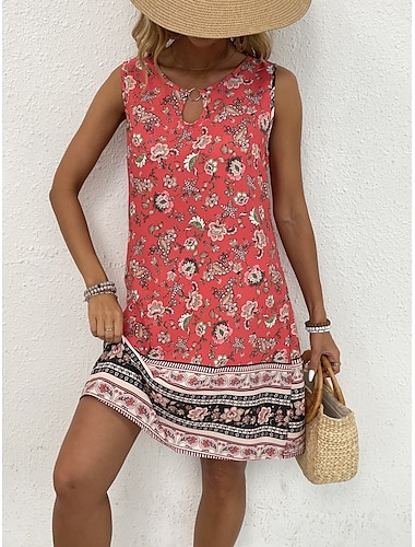  Dames Mini-jurk Casual jurk Tank-jurk Boho-jurk Bohemen Vakantie Casual Vakantie Dagelijks Normale pasvorm Bloemig Mouwloos Strakke ronde hals Rood Zomer