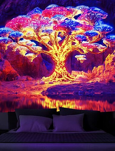  Schwarzlicht Wandteppich Leuchten im Dunkeln Glow Party UV reaktiv trippy Lebensbaum neblig Pilz Natur Landschaft hängende Wandteppich Wandkunst Wandmalerei für Wohnzimmer Schlafzimmer