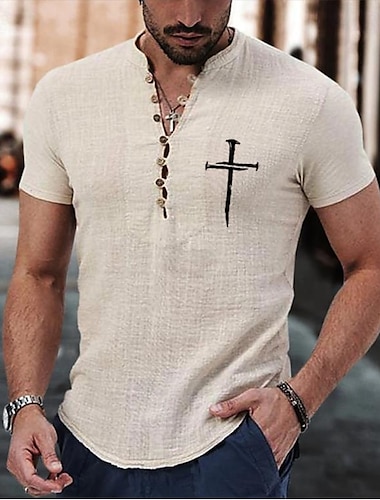  Voor heren Overhemd Popover-shirt Zomer overhemd Normaal shirt Strand hemd Overhemd met knopen Wijn khaki Grijs Korte mouw Klassiek Kruis Band Kraag Henley Vakantie Hawaii Gesp Kleding Modieus Casual
