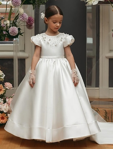  Robe de Demoiselle d'Honneur Fille Fille Robe de première communion Robe de fête Mariage Soirée Princesse Doux Noël Carnaval Ruché Couleur unie Sans Bretelles Col Ras du Cou Blanche 4 ans et +