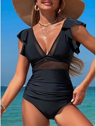  Maiôs Femininos Maiô Monokini 1 Peça Babado Costas Nuas Controle de Barriga Cintura Alta Slim Férias Praia Cor Sólida Decote em V Sem Mangas Trajes de Banho