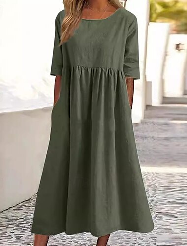  Damskie Sukienka midi Sukienki inspirowane lnem Codzienne sukienki Bawełniana lniana sukienka Sukienka A line Elegancki Codzienny Urlop Codzienny Randka Regularny Równina Krótki rękaw Półgolf Czarny