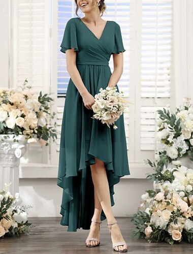  A-Linie Brautjungfernkleid V Ausschnitt Kurzarm Elegant Asymmetrisch Chiffon mit Raffung 2022