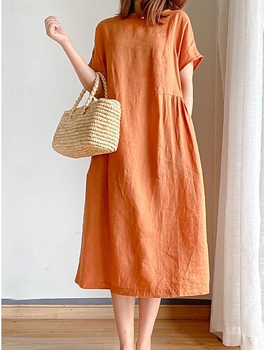  Mulheres Normal Vestido midi Vestido Longo Vestido Maxi Vestidos de algodão e linho Básico Férias Diário Normal Tecido Manga Curta Gola Redonda Preto Branco Azul Marinha Azul Verão