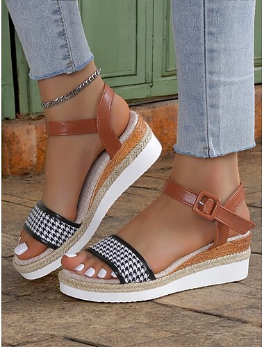  sandales compensées espadrilles pied-de-poule pour femmes avec bride à la cheville – sandales à plateforme d'été décontractées pour les vacances et le quotidien