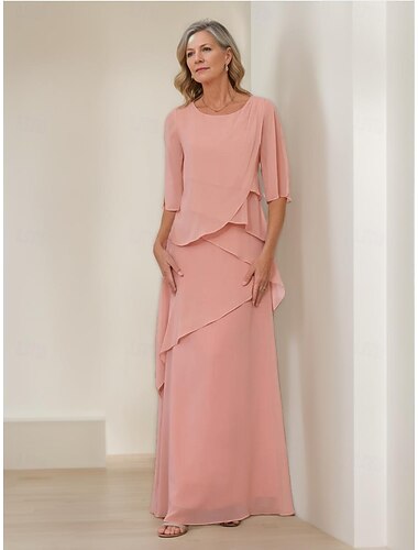  Sheath / Column Mother of the Bride Dress Formal Elegant Vintage Simple Crew Neck Floor Length Chiffon Half Sleeve with Ruffles Cascading Ruffles