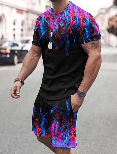  Herren 3D-Druck 2St T-Shirts-Sets Sommeroberteile Kurzarm Kurze Hosen Rundhalsausschnitt Sport Lässig Outdoor Urlaub Täglich Bedruckt Sommer Violett Rubinrot Rosa