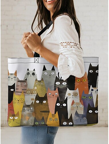  Süße Einkaufstasche für Damen mit Katzen-Print – Innentasche mit Diebstahlschutz-Reißverschluss, große Canvas-Einkaufstasche, modisch und lustig, ideal zum Einkaufen, für die Arbeit und Freizeitausflüge