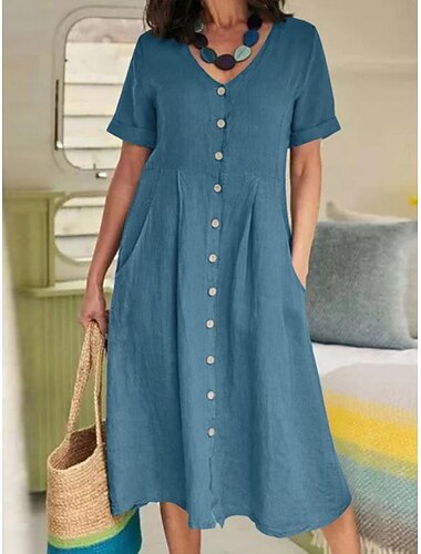  نسائي فستان ميدي فساتين من القطن والكتان لباس غير رسمي أساسي كاجوال عطلة مناسب للبس اليومي عادي سهل كم طويل V رقبة أزرق سماوي أرجواني أخضر الصيف