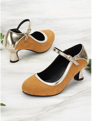 Vintage suède Mary Jane-hakken voor dames - elegante pumps met middelhoge hak, metalen accenten en band voor formele evenementen en feesten