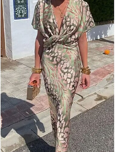  Damen Maxidress Semi formelles Kleid Wickelkleid Stilvoll Brautkleider schlicht Halbformelle Kleider Formal Urlaub Party Regular Fit Graphic Kurzarm V Ausschnitt Hellgrün Sommer Frühling