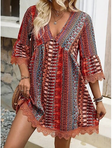  Dame Mini kjole Uformell kjole Boho-kjole Stilfull Fritid Feriereise Daglig Normal Grafisk Geometrisk 3/4 ermer V-hals Rosa Rød Blå Sommer