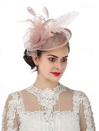  Chapeau de fascinateur pour femme, chapeau de fête de thé, Kentucky Derby, mariage, cocktail, maille, plumes, coiffe