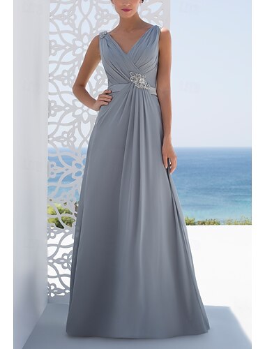  A-Linie Brautjungfernkleid V Ausschnitt Langarm Elegant Pinsel Schleppe Chiffon mit Plissee / Rüschen 2022