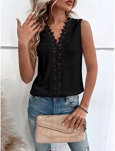  Damen Cami Tanktop Einfarbig Stilvoll Lässig Ärmellos V-Ausschnitt Reguläre Tops Tägliche Spitze Patchwork Schwarz Weiß Sommer