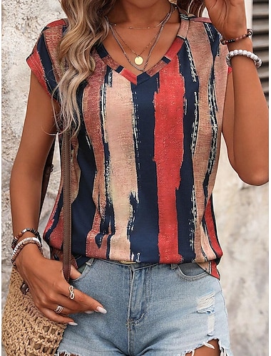  Débardeur pour femmes en camisole rayé stylé décontracté à manches courtes col en V tops réguliers quotidien impression bleu été