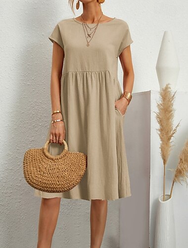  Femmes Robe Longue Maxi Robe Robes inspirées du lin Robe Décontractée Robe en coton et lin Robe trapèze Élégant Occasionnel Vacances Quotidien Date Coupe régulière Uni Manche Courte Col ras du cou