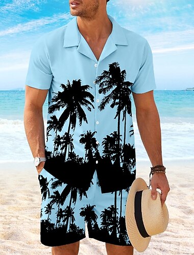  Herren Kokospalme 2St Hemden-Sets Hemd Kurzarm Kurze Hosen Kubanisches Halsband Urlaub Hawaiianisch Party Lässig Täglich 3D-Druck Sommer Rubinrot Weiß Gelb