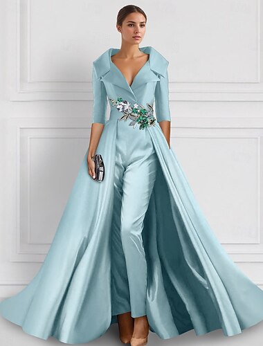  A-Linie Abendkleid Elegant Kleid Formell Hochzeit Bodenlang Halbarm Hemdkragen Satin mit Schlitz Stickerei Applikationen 2025