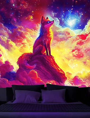  ブラックライト タペストリー 蛍光パーティー UV反応 トリッピー ミスティ 動物 キツネ 自然風景 ハンギングタペストリー 壁アート ミューラル リビングルーム 寝室用